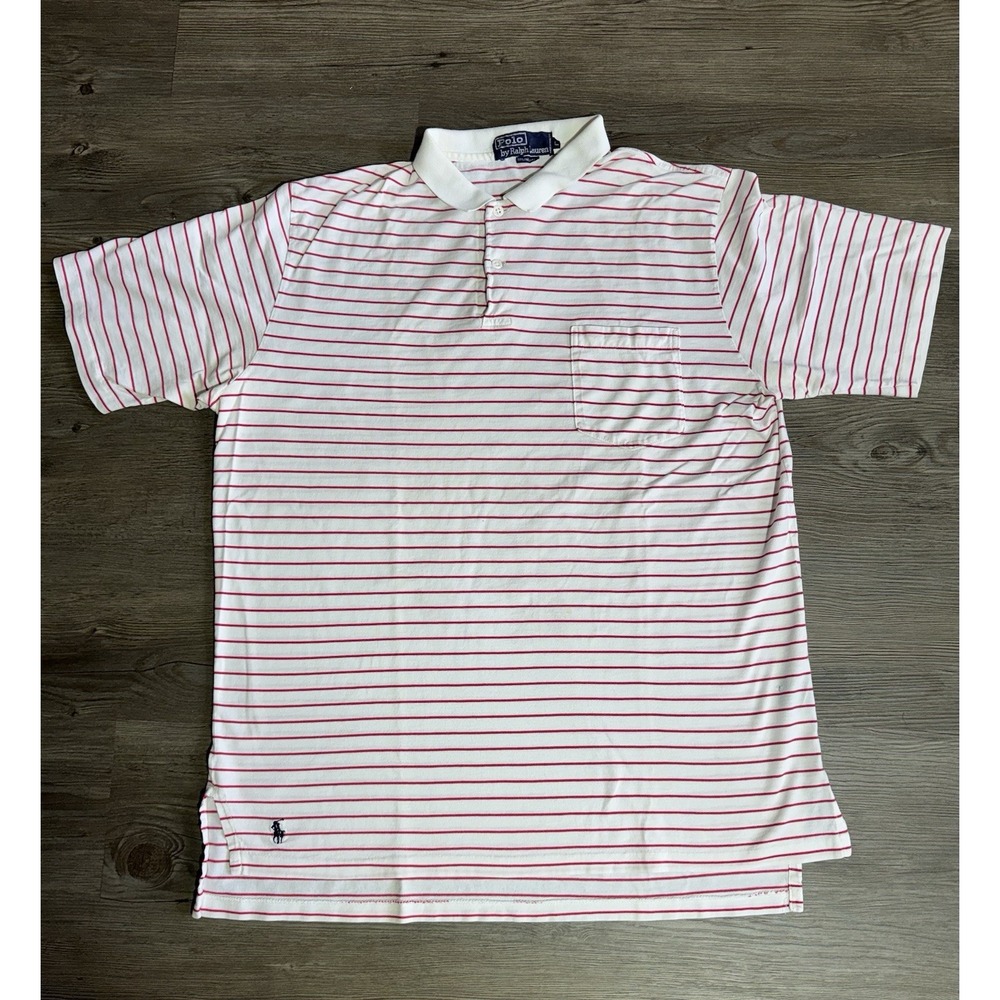 VNT 90s Polo Ralph Lauren Pocket Shirt White Red Striped Size L Hong Kong